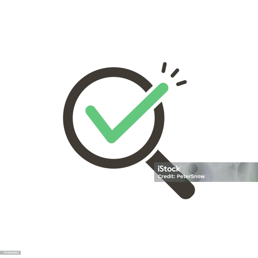 Magnifying glass with green check tick. Vector icon illustration design. For concepts of research, results found, success, examination, reviews, discovery vector eps10 Icon stock vector