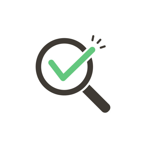 Magnifying glass with green check tick. Vector icon illustration design. For concepts of research, results found, success, examination, reviews, discovery vector eps10 scrutiny icon stock illustrations