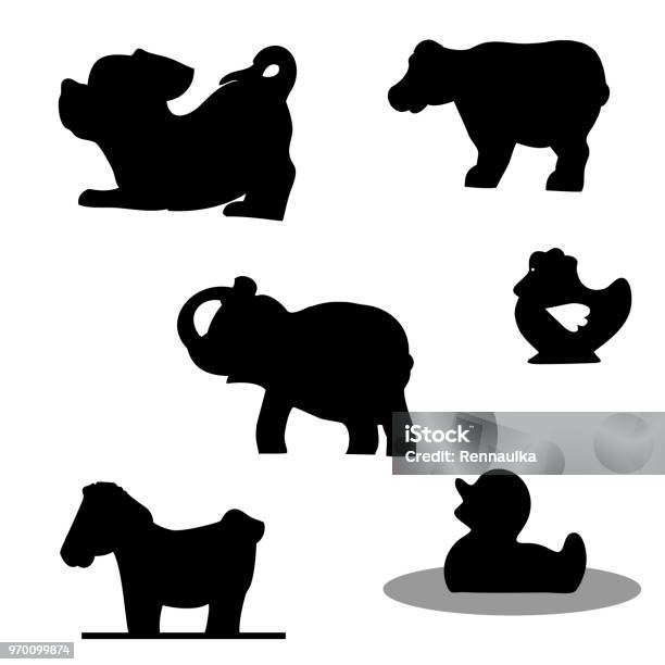 Vector Set Black Silhouette Of Animals Dog Cow Elephant Hen Duck Horse Stock Illustration - Download Image Now