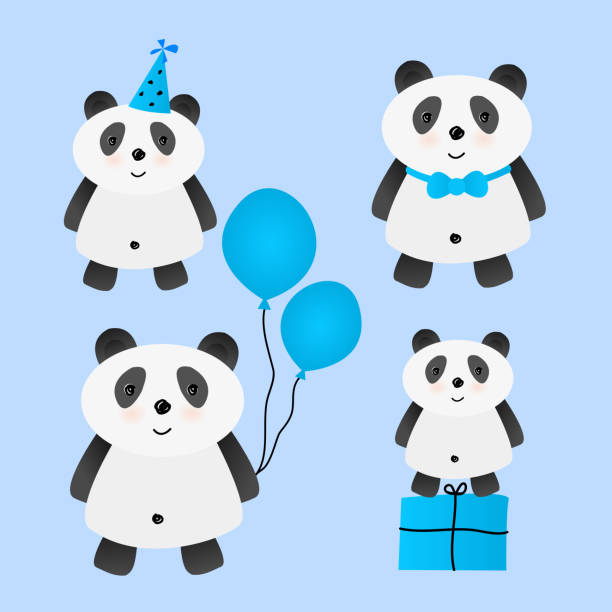 istock Set of cute cartoon panda for birthday card design 970101264