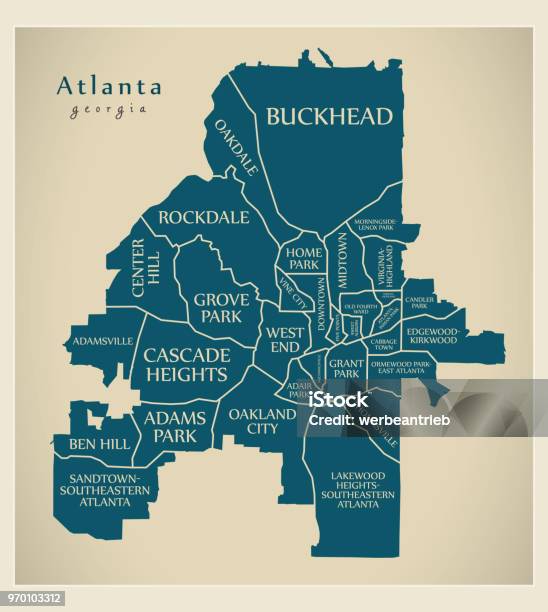 Modern City Map Atlanta Georgia City Of The Usa With Neighborhoods And Titles Stock Illustration - Download Image Now