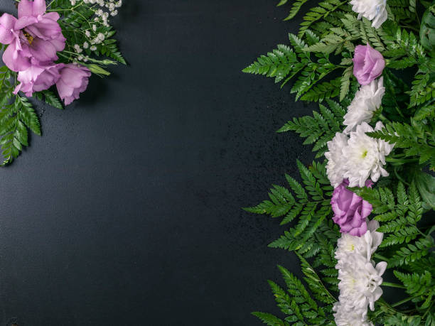 istock Chrysanthemum, eustoma and fern leaves on a dark background. Copy space for text. Flower layout 970103816