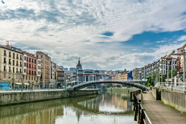 Photo of Bilbao riverbank on cloudny day