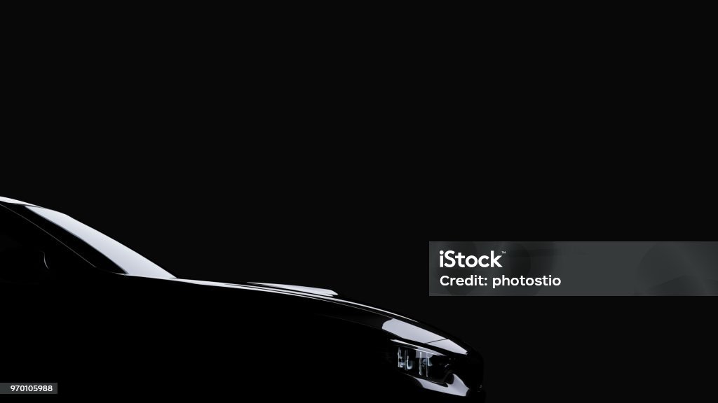 silhouette of black sports car on black silhouette of black sports car on black background, photorealistic 3d render, generic design, non-branded Car Stock Photo