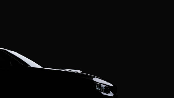 silhouette of black sports car on black silhouette of black sports car on black background, photorealistic 3d render, generic design, non-branded concept car photos stock pictures, royalty-free photos & images