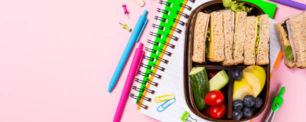 istock School wooden lunch box with sandwiches 970106106