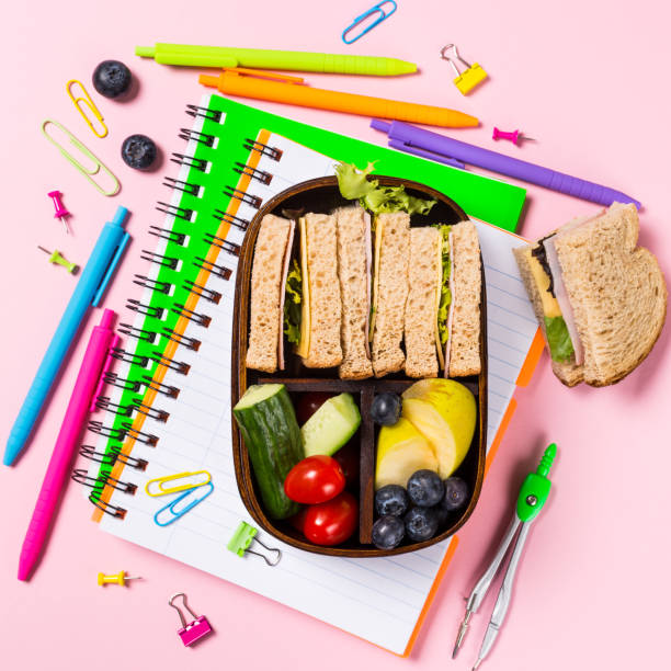 istock School wooden lunch box with sandwiches 970106168