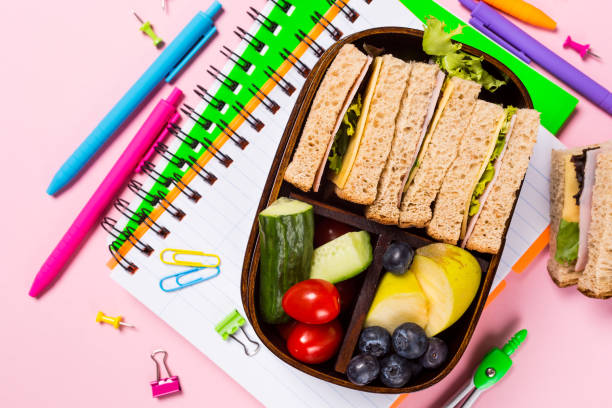 istock School wooden lunch box with sandwiches 970108486