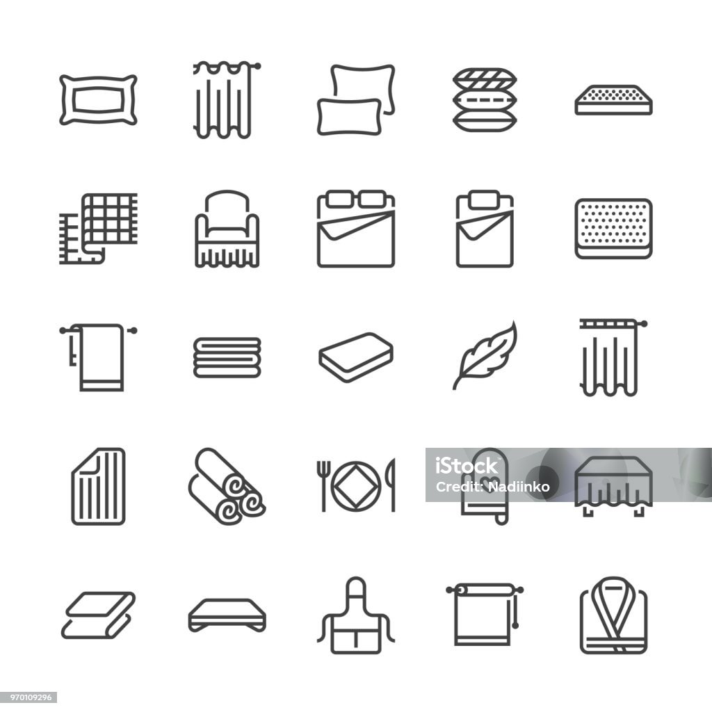 Bedding flat line icons. Orthopedics mattresses, bedroom linen, pillows, sheets set, blanket and duvet illustrations. Thin signs for interior store. Pixel perfect 48x48 Bedding flat line icons. Orthopedics mattresses, bedroom linen, pillows, sheets set, blanket and duvet illustrations. Thin signs for interior store. Pixel perfect 48x48. Icon Symbol stock vector