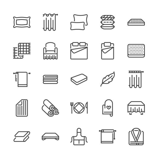 Bedding flat line icons. Orthopedics mattresses, bedroom linen, pillows, sheets set, blanket and duvet illustrations. Thin signs for interior store. Pixel perfect 48x48 Bedding flat line icons. Orthopedics mattresses, bedroom linen, pillows, sheets set, blanket and duvet illustrations. Thin signs for interior store. Pixel perfect 48x48. tablecloth illustrations stock illustrations