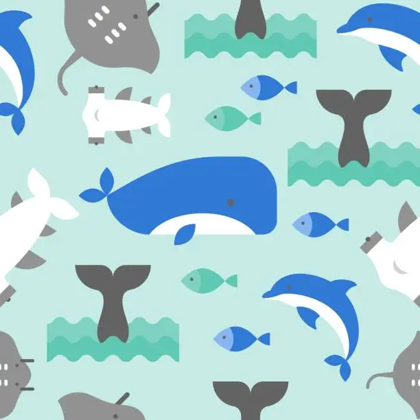 Vector illustration of Flat design of Whale, hammerhead shark, dolphin and string fish, seamless  pattern ocean summer theme