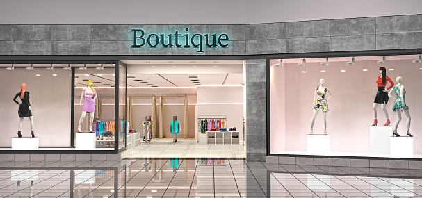 Boutique facade with clothes in 3d illustration