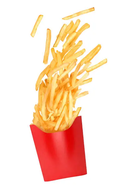 french fries flies out in a paper cup