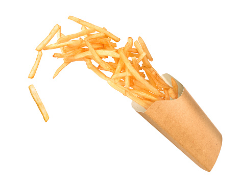 french fries flies out in a paper cup