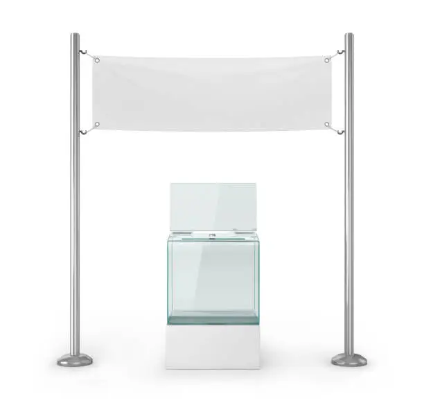 Photo of Elections, voting. Glass ballot box and white blank banner for advertising. 3d illustration