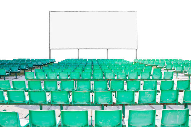 istock Outdoor cinema with chairs and white projection screen on white background for easy selection 970117406