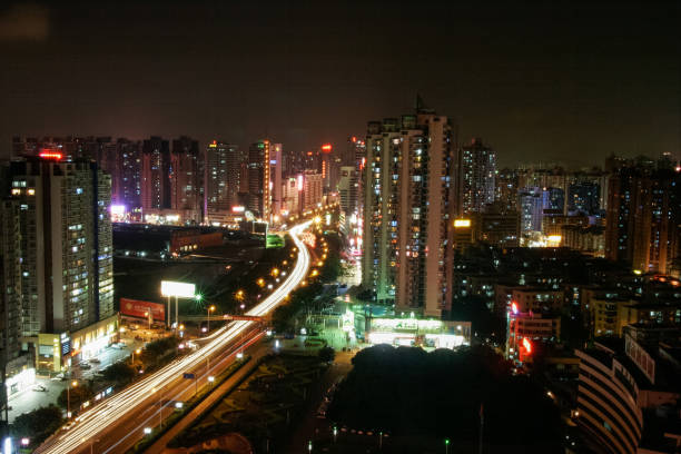 istock City night view of shenzhen，light strips formed by traffic flow 970118718