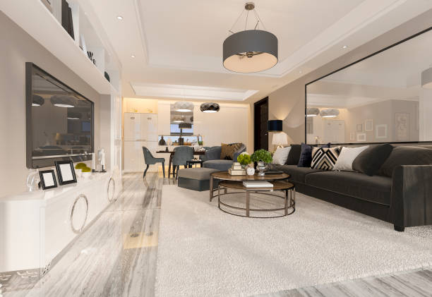 istock 3d rendering luxury and modern living room and dining room 970122732