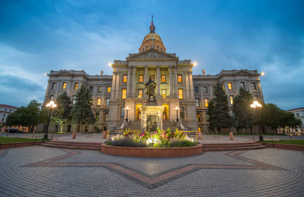 Colorado State Capitol at Night War Memorial, Built Structure, Christmas Lights, City Street, Lighting Equipment library of congress stock pictures, royalty-free photos & images
