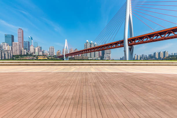 istock Panoramic skyline and modern business office buildings with empty road,empty concrete square floor 970133352