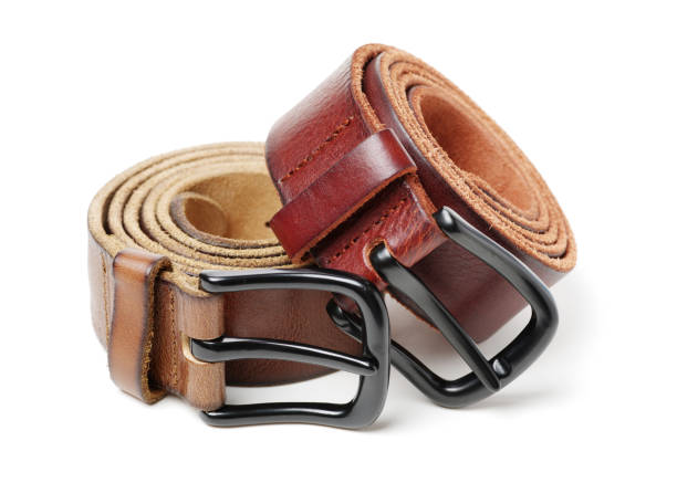 istock Brown leather belt isolated on white background 970133866