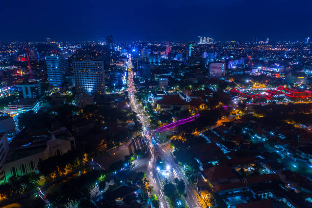 Aerial View of Cityscape at Night with Vibrant Lights Surabaya Aerial View of Cityscape at Night with Vibrant Lights Surabaya, East Java, Indonesia, Asia jawa timur stock pictures, royalty-free photos & images