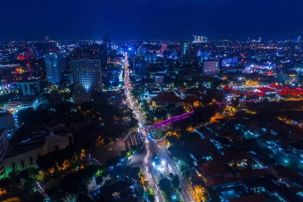 Aerial View of Cityscape at Night with Vibrant Lights Surabaya, East Java, Indonesia, Asia