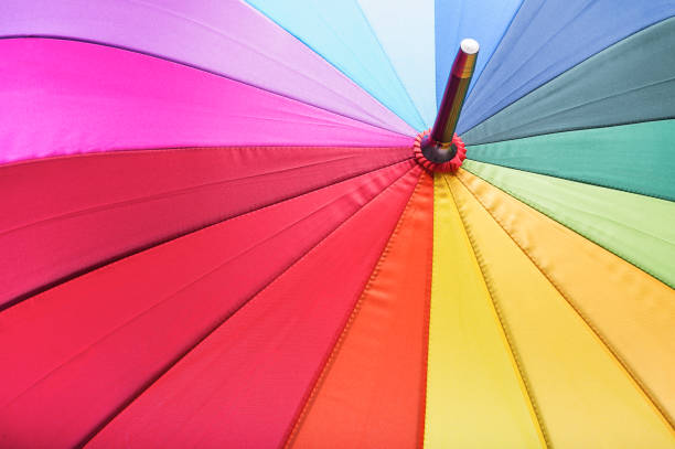 Multicolored umbrella. Colors of rainbow. Shown as arranged. View from above.