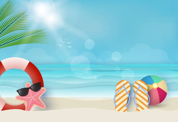 ilustrações de stock, clip art, desenhos animados e ícones de summer holiday background, nautical concept. paper art, paper craft style illustration - slipper beach backgrounds sea