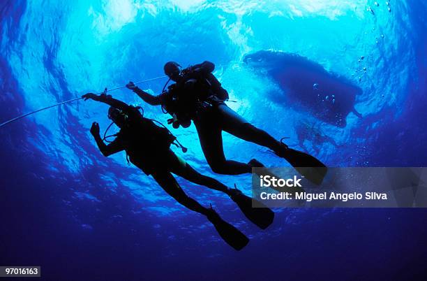 Silhouette Of Two Divers In The Middle Of The Blue Sea Stock Photo - Download Image Now