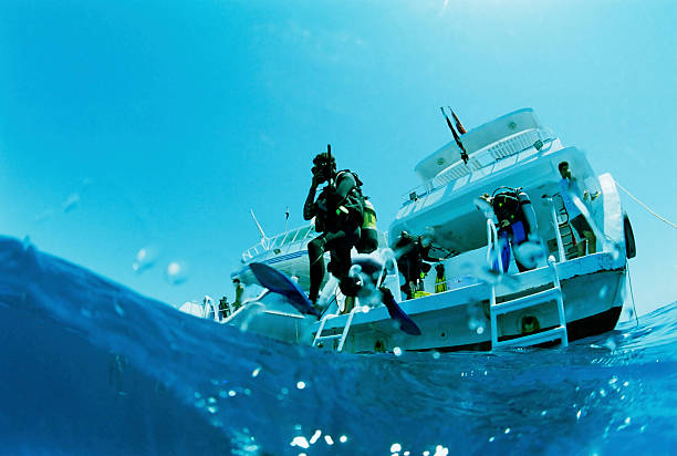 Diver jumping in the water Diver jumping in the water from a day boat in a reef close to El Gouna, Egypt scuba diving stock pictures, royalty-free photos & images