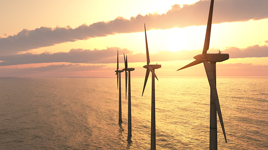 Computer generated 3D illustration with offshore wind turbines at sunset