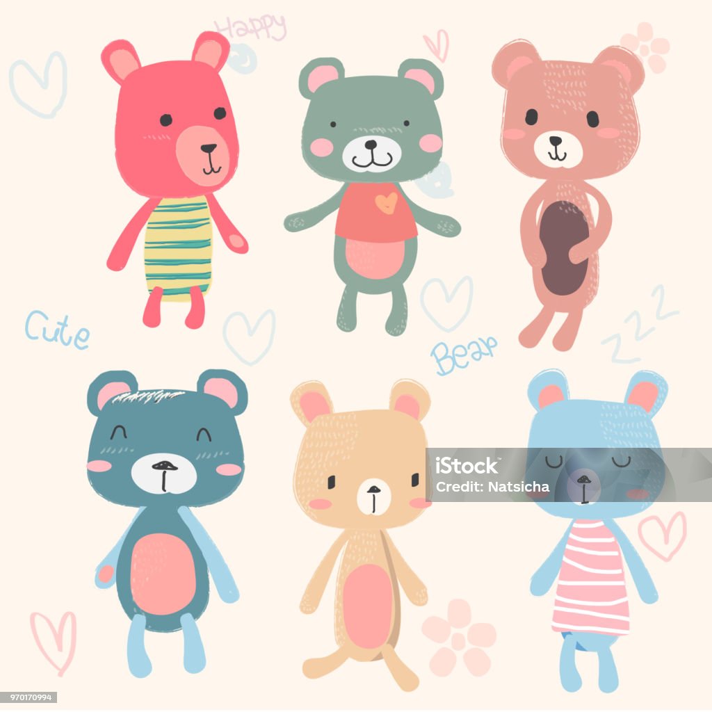 Vector Set Of Cute Teddy Bears Cartoon Character Hand Drawing In ...