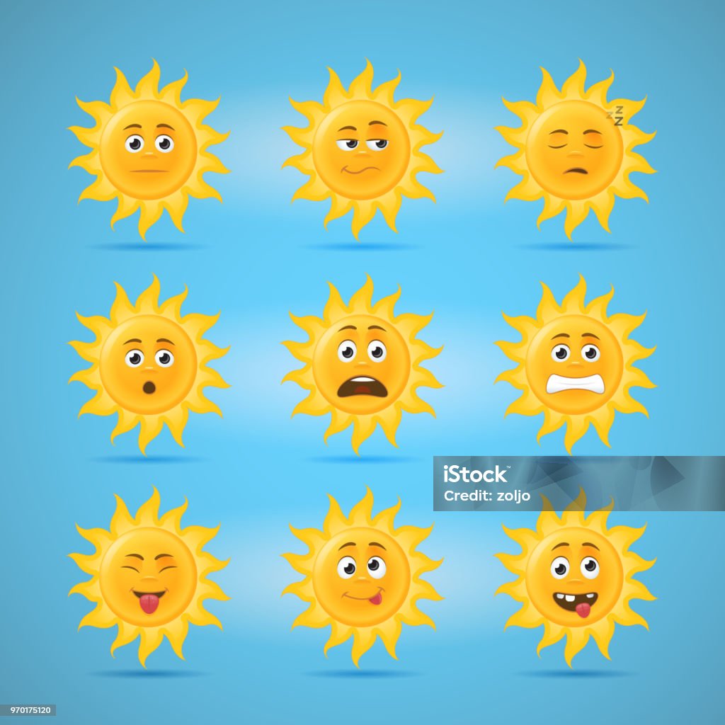 Sun Emoticons Sun emoticons second set of cartoon illustrations Anthropomorphic Face stock vector