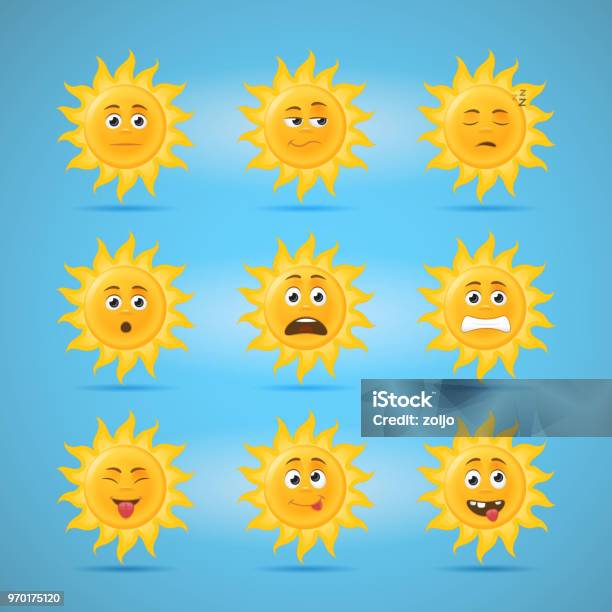 Sun Emoticons Stock Illustration - Download Image Now - Anthropomorphic Face, Sun, Anthropomorphic