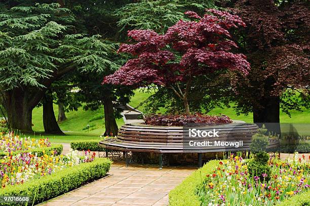 Vibrant Floral Garden With Round Bench Stock Photo - Download Image Now - Backgrounds, Beauty In Nature, Bench