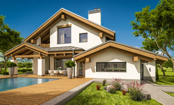istock 3d rendering of modern cozy house in chalet style 970201634