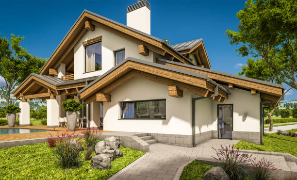istock 3d rendering of modern cozy house in chalet style 970201666