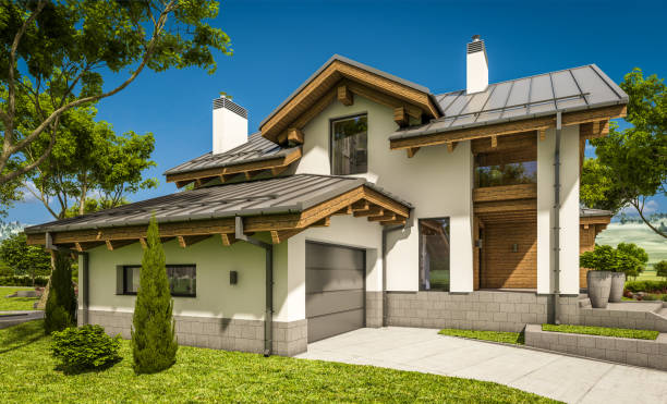 istock 3d rendering of modern cozy house in chalet style 970203804