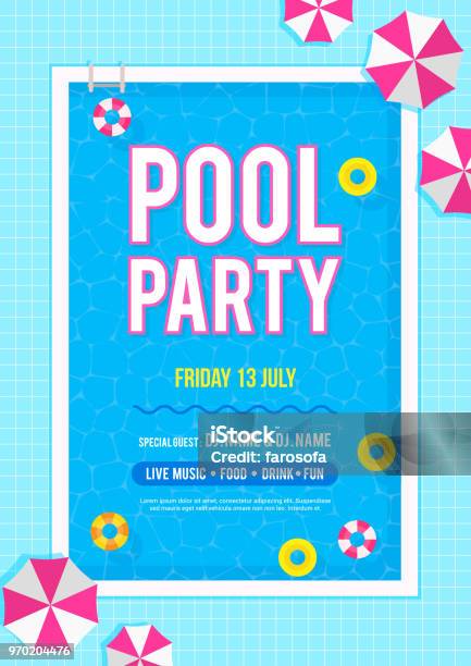 Pool Party Invitation Poster Vector Illustration Top View Of Swimming Pool With Swim Rings And Beach Umbrellas Stock Illustration - Download Image Now