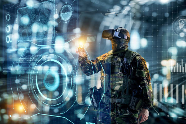 soldato in occhiali di realtà virtuale. concetto militare del futuro. - national arms foto e immagini stock