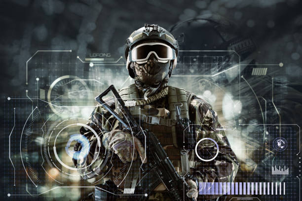 żołnierz sił specjalnych z bronią w rękach na futurystycznym tle.  wojskowa koncepcja przyszłości. - rifle range zdjęcia i obrazy z banku zdjęć