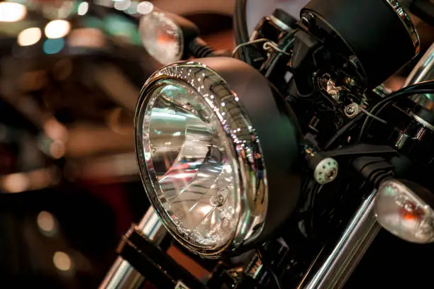 headlight closeup of powerful motorcycle