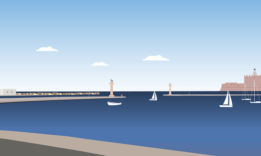 Coast of Rhodes island with sea, moor and columns with statues of deer, under a blue summer sky with clouds - vector
