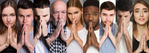 istock Collage of diverse people praying at studio background 970233218