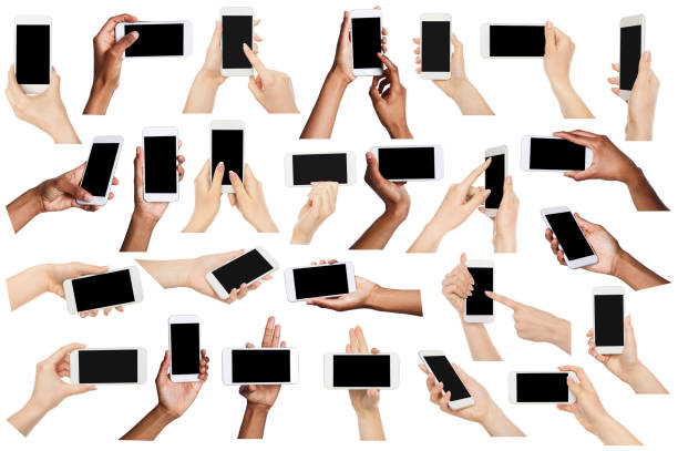 istock Collage of multiethnic hands holding mobile, isolated on white 970235958