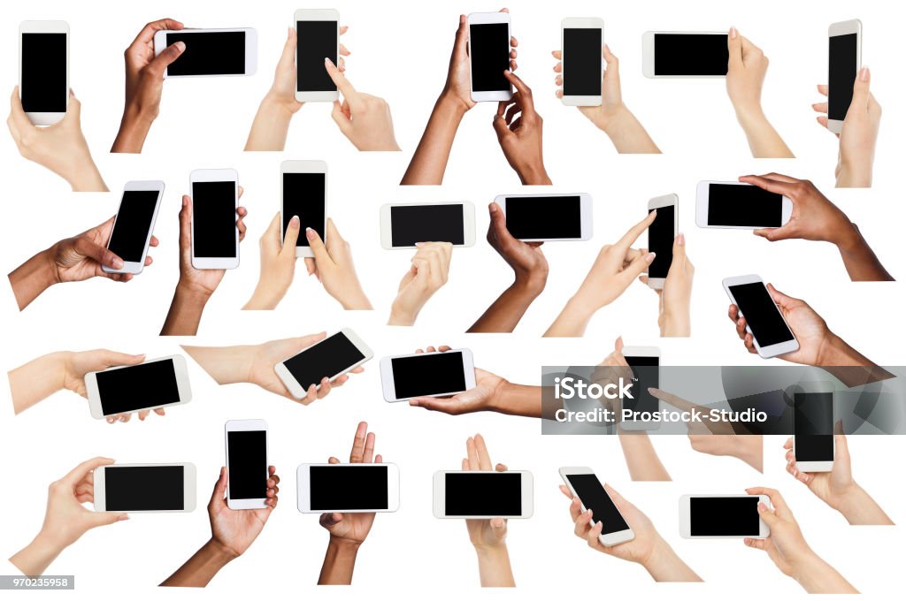 Collage of multiethnic hands holding mobile, isolated on white Set of diverse hands holding smartphone, isolated on white background, copy space Human Hand Stock Photo