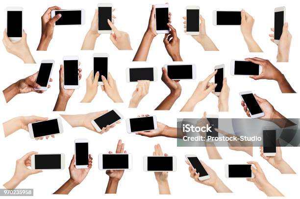 Collage Of Multiethnic Hands Holding Mobile Isolated On White Stock Photo - Download Image Now