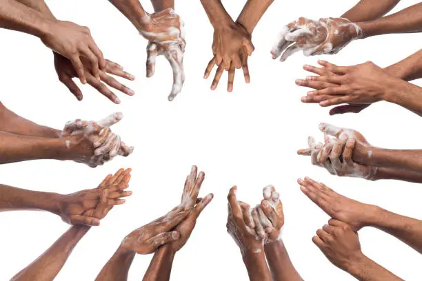 Photo of Set of black man washing hands isolated on white background