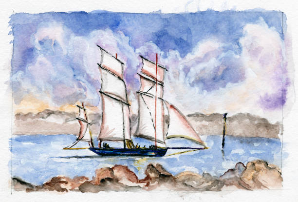 istock Watercolor landscape with the sea and sailing. 970236026